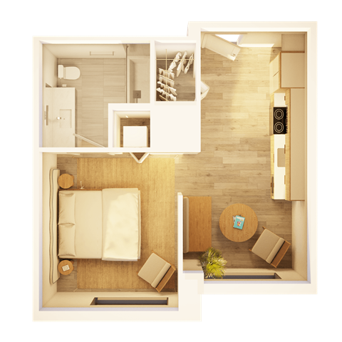 Floor plan for 1 bed, 1 bath, 489 sqft